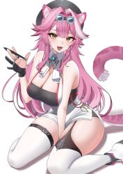  absurdres animal_ear_fluff animal_ears beret breasts cat_ears cat_girl cat_tail cleavage commentary curvy female goggles hat highres hololive hololive_english large_breasts long_hair looking_at_viewer mintz912 multicolored_hair open_mouth pink_hair raora_panthera smile solo streaked_hair tail thick_thighs thighs virtual_youtuber white_unitard yellow_eyes 