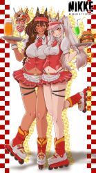  2girls alcohol animal_ear_headwear animal_ears apron beer beer_mug blanc_(nikke) breasts brown_hair burger cheese cup dark-skinned_female dark_skin dessert drinking_glass fake_animal_ears fast_food foam food french_fries frilled_apron frills fruit fruit_tart goddess_of_victory:_nikke highres holding holding_tray ice_cream ice_cream_spoon large_breasts long_hair looking_at_viewer margherita832 mug multiple_girls noir_(nikke) parfait rabbit_ears roller_skates sesame_seeds skates spoon strawberry strawberry_parfait strawberry_tart tart_(food) tomato tomato_slice tray very_long_hair visor_cap wafer wafer_stick waitress whipped_cream white_apron white_hair yellow_eyes 