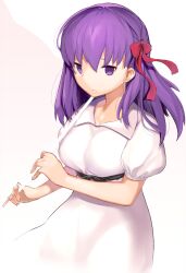  breasts dress fate/stay_night fate_(series) female hair_ribbon heaven&#039;s_feel highres kei_(soundcross) large_breasts long_hair looking_at_viewer matou_sakura parted_lips purple_eyes purple_hair red_ribbon ribbon short_sleeves solo white_dress 