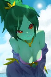  bikini bikini_top_only breasts cleavage cloud colored_skin eyes_visible_through_hair female gold_necklace green_hair green_skin grin hanging_breasts high_ponytail highres jaibus jewelry looking_at_viewer medium_breasts necklace off-shoulder_shirt off_shoulder parted_lips ponytail purple_bikini red_eyes rottytops shantae_(series) shirt smile solo swimsuit water 