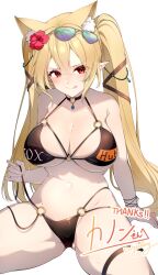  animal_ear_fluff animal_ears bikini black_bikini blonde_hair blush breasts cleavage commission commissioner_name darjeeling_(reley) eyewear_on_head female flower fox_ears hair_flower hair_ornament heart_o-ring highres large_breasts long_hair looking_at_viewer navel numako_(pizza_kanon) o-ring o-ring_bikini phantasy_star phantasy_star_online_2 pointy_ears pornhub red_eyes second-party_source signature simple_background sitting skeb_commission solo sunglasses swimsuit thank_you tongue tongue_out white_background 