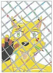  2015 anthro artist bars black_nose cage caged canid canine clothing crazy_eyes dashfox dashthefox dripping fingerless_gloves fox fur gloves graphite_(artwork) green_eyes handwear hi_res holding_bar ink_drip insane kemono looking_at_viewer male mammal mouth_hold object_in_mouth pencil_(artwork) pencil_(object) pencil_in_mouth prisoner shirtless shirtless_anthro shirtless_male smile teeth traditional_media_(artwork) writing_utensil writing_utensil_in_mouth yellow_body yellow_fur 