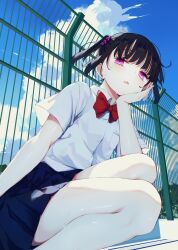  bare_legs bare_legs_girl_(kamizaki_hibana) black_hair blue_sky bow bowtie cloud collared_shirt day fence hair_ornament hand_on_own_face kamizaki_hibana looking_at_viewer open_mouth original outdoors pink_eyes pleated_skirt purple_eyes red_bow red_bowtie rooftop school_uniform shirt short_sleeves sitting skirt sky solo sweat twintails white_shirt 