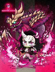  absurdres arm_blade arm_tattoo asymmetrical_horns bamboo bit_gag black_hair blue_eyes breast_tattoo breasts brown_hair chibi chin_spike cleavage copyright_name crossover deadpool_yuchan demon_girl demon_horns female fingernails fire gag highres horns japanese_clothes kamado_nezuko kimetsu_no_yaiba kimono leg_tattoo long_hair looking_at_viewer magnamalo monster monster_hunter_(series) monster_hunter_rise multicolored_hair open_mouth pink_fire purple_eyes scorned_magnamalo sharp_fingernails sharp_tail sharp_teeth single_horn slit_pupils spikes tattoo teeth two-tone_hair veins weapon 