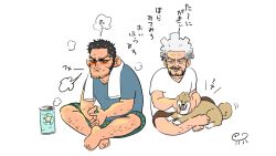  2boys bara beard_stubble beer_can black_hair blush buzz_cut can deformed drink_can facial_hair golden_kamuy gradient_hair interlocked_fingers kamureon long_sideburns male_focus mature_male moustache multicolored_hair multiple_boys nervous_sweating nihei_tetsuzou old old_man pencil_mustache ryu_(golden_kamuy) short_hair shorts sideburns smirk sparse_leg_hair stubble sweat tanigaki_genjirou thick_eyebrows towel towel_around_neck translation_request very_short_hair white_hair 