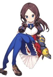  absurdres black_bow blue_eyes blue_gloves blue_pantyhose blush bow breasts brown_dress brown_hair dress elbow_gloves fate/grand_order fate_(series) female forehead gauntlets gloves grin hairbow highres kei_(soundcross) leonardo_da_vinci_(fate) leonardo_da_vinci_(rider)_(fate) long_hair looking_at_viewer pantyhose parted_bangs ponytail puff_and_slash_sleeves puffy_short_sleeves puffy_sleeves red_skirt short_sleeves single_gauntlet sitting skirt small_breasts smile solo 