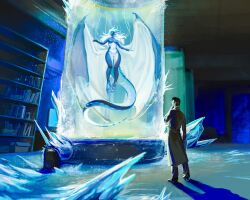  absurd_res anthro blue_eyes dragon elemental_creature elemental_dragon female hi_res hisade horn ice ice_dragon laboratory legs_in_water mythological_creature mythological_scalie mythology reptile scalie scientist solo wings 