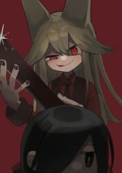  2girls :p absurdres animal_ears behind_another black_eyes black_hair black_nails black_vest blonde_hair bright_pupils collared_shirt funamusea glowing glowing_eyes hair_between_eyes hair_over_one_eye highres holding holding_knife holding_weapon incoming_attack knife kurai_yonaka long_hair looking_at_viewer mitoron63 moge-ko mogeko_castle multiple_girls red_background red_eyes red_shirt shaded_face shirt simple_background solo_focus tongue tongue_out vest weapon white_pupils 