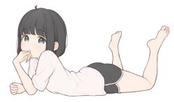  1ssakawaguchi ahoge barefoot black_hair black_shorts blue_eyes blunt_bangs bob_cut closed_mouth commentary_request dolphin_shorts english_commentary feet feet_up female from_side hand_on_own_face highres ichika_(1ssakawaguchi) light_blush light_frown looking_at_viewer lying mixed-language_commentary on_stomach original shirt short_hair short_shorts short_sleeves shorts simple_background soles solo t-shirt the_pose toes white_background white_shirt 