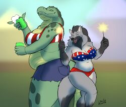  2024 4th_of_july alcohol alligator alligatorid anthro beer beverage beverage_can big_breasts black_nose bottomwear breasts canid canine canis chasertech cleavage cleo_(chasertech) clothed clothed_anthro clothed_female clothing crocodilian cutoffs denim denim_bottomwear denim_clothing duo esabelle_(chasertech) fangs female fur green_body green_scales grey_body grey_fur hi_res holidays mammal open_mouth open_smile reptile scales scalie shorts signature slightly_chubby slightly_chubby_anthro slightly_chubby_female smile sparkler teeth wolf 