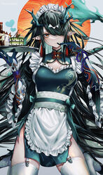  absurdly_long_hair absurdres apron arknights arm_tattoo bead_bracelet beads black_hair blue_skin blush bracelet breasts cake colored_skin commentary_request dragon_girl dragon_horns dragon_print dragon_tail dusk_(arknights) earrings female food food_on_face garter_straps green_hair hair_over_one_eye heart high_heels highres holding holding_tray horns jewelry long_hair looking_at_viewer maid maid_apron maid_headdress medium_breasts multicolored_hair multicolored_skin orange_eyes pointy_ears sauce senju_yosiyuki sidelocks sitting slit_pupils solo_focus streaked_hair tail tattoo thighhighs tray twitter_username very_long_hair wide_sleeves 