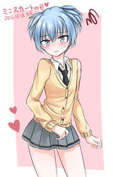  1boy ansatsu_kyoushitsu blue_eyes blue_hair blush collared_shirt crossdressing dated heart kunugigaoka_middle_school_uniform looking_at_viewer male_focus miniskirt necktie otoko_no_ko school_uniform shiota_nagisa shirt short_hair short_twintails simple_background skirt solo squiggle sweat tenten_(kitty) translated twintails two-tone_background 