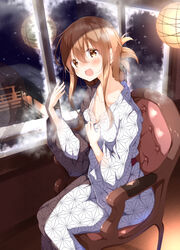  alternate_costume asa_no_ha_(pattern) bad_id bad_twitter_id bath_yukata blush brown_eyes brown_hair chair collarbone female folded_ponytail hair_between_eyes highres inazuma_(kancolle) indoors japanese_clothes kantai_collection kimono long_sleeves night numpopo open_mouth sidelocks sitting solo steam wide_sleeves window yukata 