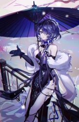  absurdres arknights bare_shoulders black_dress breasts dress eyepatch female gloves hair_ornament highres holding medical_eyepatch purple_eyes purple_hair short_hair solo twice12314 umbrella whisperain_(arknights) x_hair_ornament 