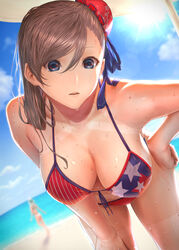  2girls accessory_tan american_flag american_flag_bikini american_flag_print asymmetrical_hair bare_shoulders beach bikini blue_eyes blurry blurry_background breasts bun_cover cleavage collarbone day fate/grand_order fate_(series) flag_print hair_bun highres large_breasts leaning_forward long_hair looking_at_viewer miyamoto_musashi_(fate) miyamoto_musashi_(swimsuit_berserker)_(fate) miyamoto_musashi_(swimsuit_berserker)_(second_ascension)_(fate) mugetsu2501 multiple_girls okita_j._souji_(fate) okita_j._souji_(third_ascension)_(fate) okita_souji_(fate) open_mouth outdoors parted_lips pink_hair print_bikini single_hair_bun single_side_bun swept_bangs swimsuit thighs wet 