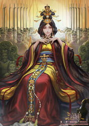  6+boys armor army beads braid breasts brown_eyes chinese_armor chinese_clothes chinese_commentary chinese_empire closed_mouth commentary_request copyright_name dagger_axe earrings female gem hair_ornament hair_stick halberd hanfu jewelry ji_(weapon) lamellar_armor legend_of_the_three_kingdoms looking_at_viewer mi_yue multicolored_hair multiple_boys official_art own_hands_together pearl_(gemstone) photoshop_(medium) polearm red_hair ring sash sitting smile solo_focus statue streaked_hair tassel terracotta_army throne watermark weapon web_address white_nails wide_sleeves xiaji yaopei 