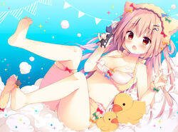  :o animal_ears bare_shoulders barefoot blue_bow blush boots bow breasts brown_hair brown_shorts cat_ears cat_hair_ornament cleavage collarbone commentary_request fake_animal_ears female flower green_bow hair_between_eyes hair_flower hair_ornament hairclip holding izumiyuhina long_hair looking_at_viewer medium_breasts oerba_yun_fang open_mouth original pennant photoshop_(medium) pink_flower red_bow red_eyes rubber_boots short_shorts shorts soles solo string_of_flags striped striped_bow very_long_hair yellow_bow 