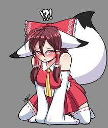  absurd_res accessory alternate_species animal_humanoid big_breasts blush bow_ribbon breasts brown_hair canid canid_humanoid canine canine_humanoid clothing female fox_humanoid hair hair_accessory hair_ribbon hairbow hi_res humanoid looking_away mammal mammal_humanoid red_eyes reimu_hakurei ribbons side_boob signature simple_background solo tail text thick_thighs touhou zedrin 