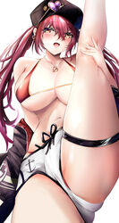  absurdres anchor_symbol bad_id bad_pixiv_id bikini black_headwear black_jacket breasts bush cleavage eyewear_on_head female hair_between_eyes heart heart-shaped_eyewear heterochromia highres hololive houshou_marine houshou_marine_(summer) jacket kneepits large_breasts long_hair looking_at_viewer navel official_alternate_costume pavi red_bikini red_eyes red_hair shorts simple_background smile solo split standing standing_on_one_leg standing_split sunglasses swimsuit thigh_strap thighs twintails virtual_youtuber white_background white_shorts yellow_eyes 