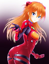  ass blue_eyes blush bodysuit breasts commentary_request eva_16-gouki female gradient_background hair_between_eyes highres interface_headset long_hair looking_at_viewer neon_genesis_evangelion open_mouth orange_hair photoshop_(medium) pilot_suit plugsuit red_bodysuit science_fiction solo souryuu_asuka_langley standing 