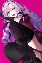  absurdres bare_shoulders black_gloves blush breasts dress drill_hair female gloves hair_ribbon hairband high_heels highres hyakumantenbara_salome hyakumantenbara_salome_(1st_costume) light_purple_hair long_hair long_sleeves looking_at_viewer looking_down nang_z1 nijisanji off_shoulder open_mouth panties panty_peek parted_bangs purple_eyes purple_hair red_dress ribbon smile solo underwear virtual_youtuber 