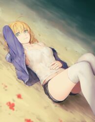  ahoge alternate_costume arm_up artoria_pendragon_(fate) bad_id bad_pixiv_id bare_shoulders beach black_shorts blonde_hair breasts cleavage closed_mouth collarbone commentary fate/stay_night fate_(series) female from_above green_eyes hair_between_eyes legs long_hair long_sleeves looking_at_viewer lying medium_breasts neon.p ocean off_shoulder on_back saber_(fate) shorts smile solo stomach tank_top thighhighs white_tank_top white_thighhighs 