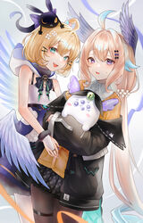  2girls absurdres ahoge aloupeep_(enna_alouette) bare_shoulders bell bird_girl black_bow black_cat black_jacket black_skirt blonde_hair blue_hair blue_wings bow cardigan character_name collared_shirt cosplay costume_switch dress enna_alouette enna_alouette_(1st_costume) enna_alouette_(cosplay) feline fingernails flower gfpebs green_eyes hair_flower hair_ornament hairbow head_tilt head_wings highres jacket looking_at_viewer lucie_(millie_parfait) millie_parfait millie_parfait_(cosplay) multicolored_hair multiple_girls multiple_wings nail_polish nijisanji nijisanji_en off_shoulder open_mouth orange_bow orange_cardigan orange_sweater pantyhose purple_bow purple_eyes purple_wings shirt skirt smile sweater thigh_strap twitter_username virtual_youtuber white_background white_shirt wide_sleeves wings witch 