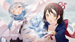  2girls alchemy_stars badge bag black_bag black_hair blue_cloak blue_eyes blue_hair blue_scarf breath cloak coat collarbone commentary_request grey_background hairband hands_up hat highres light_blue_hair light_blush long_hair long_sleeves looking_at_viewer louise_(alchemy_stars) magic medium_hair minasenagi multiple_girls noah_(alchemy_stars) one_eye_closed open_mouth red_hairband red_ribbon ribbon scarf shoulder_bag shoulder_strap smile star_(symbol) stuffed_animal stuffed_toy teddy_bear upper_body white_coat white_headwear winter_clothes yellow_eyes 