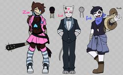  1_horn 2022 absurd_res adolescent animal_humanoid anthro arm_markings badge baseball_bat bat_(object) black_clothing black_hair black_sclera blue_eyes blue_highlights blue_kerchief bonestheskelebunny01 boots bottomwear bow_tie brown_body brown_fur cat_humanoid clothing crop_top domestic_cat erik_(bonestheskelebunny01) facial_markings felid felid_humanoid feline feline_humanoid felis female feral flat_chested footwear forehead_markings fur grey_body grey_fur grey_skin group hair hand_wraps head_markings heart_symbol hi_res highlights_(coloring) horn humanoid kerchief knee_highs knee_socks legwear lui_(bonestheskelebunny01) male mammal mammal_humanoid markings munchkin_cat pattern_clothing pattern_legwear pink_clothing pink_eyes red_eyes reptile rolled_up_sleeves scalie sharp_teeth shirt shoes shorts simple_background skirt snake sneakers socks spiked_bat striped_clothing striped_legwear stripes suit tail teeth thin_tail toeless_footwear topwear white_body white_skin wraps young zoe_(bonestheskelebunny01) 