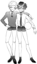  2boys artist_request bad_id bad_link bad_twitter_id ball darren_shan greyscale holding holding_ball male_focus monochrome multiple_boys necktie school_uniform short_hair shorts smile smirk source_request steve_leonard sweater the_saga_of_darren_shan 