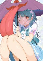  aqua_skirt aqua_vest blue_hair blush feet_out_of_frame female frilled_sleeves frills holding karakasa_obake one_eye_closed orange_eyes piyodesu puffy_short_sleeves puffy_sleeves short_hair short_sleeves skirt smile solo tatara_kogasa tongue tongue_out touhou umbrella 