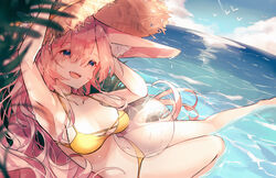  animal_ear_fluff animal_ears bare_arms bare_legs bare_shoulders beach bikini bird blue_eyes breasts cloud commentary female fox_ears grass hat highres long_hair medium_breasts miyu_(miy_u1308) navel ocean open_mouth original outdoors panties pink_hair seagull sky solo straw_hat swimsuit underwear very_long_hair water yellow_bikini yellow_panties 