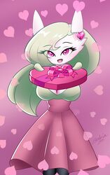  big_breasts box_of_chocolates breasts candy chocolate cleavage clothed clothing dessert dress female food gardevoir generation_3_pokemon green_hair hair heart_symbol hi_res holidays humanoid looking_at_viewer marissa_(zedrin) nintendo not_furry open_mouth pink_eyes pokemon pokemon_(species) signature smile solo standing text valentine&#039;s_day white_body zedrin 