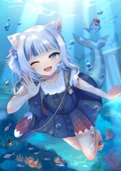  ;d absurdres animal_ears bag bloop_(gawr_gura) blue_eyes blue_hair blue_skirt blunt_bangs bubba_(watson_amelia) buttons cat_ears cube_hair_ornament death-sensei_(mori_calliope) female fins fish_tail freediving frilled_sleeves frills full_body gawr_gura gawr_gura_(casual) grey_hair hair_ornament handbag highres hololive hololive_english kotori_(takanashi_kiara) looking_at_viewer medium_hair mihanada_kanata miniskirt multicolored_hair one_eye_closed open_mouth sandals shark_girl shark_tail sharp_teeth shirt short_sleeves side_ponytail sidelocks skirt skirt_set smile solo streaked_hair suspenders tail takodachi_(ninomae_ina&#039;nis) teeth underwater virtual_youtuber waving white_shirt 