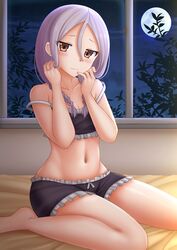  bare_arms bare_shoulders barefoot bed_sheet black_shorts blush bow_shorts braid breasts brown_eyes cleavage closed_mouth commentary female frilled_shorts frills full_moon hair_between_eyes hair_over_shoulder hands_up highres indoors kazenokaze looking_at_viewer low_twintails moon navel night night_sky parted_bangs purple_hair short_shorts shorts sitting sky small_breasts smile solo soredemo_ayumu_wa_yosetekuru star_(sky) starry_sky strap_slip twin_braids twintails underwear underwear_only wariza yaotome_urushi 