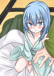  1boy ansatsu_kyoushitsu blanket blue_eyes blue_hair blush collarbone commentary_request futon hair_tie long_hair looking_at_viewer male_focus otoko_no_ko photoshop_(medium) shiota_nagisa sleepwear smile sweat tenten_(kitty) 