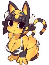  3:4 :&lt; alternate_costume animal_crossing animal_ears animal_print animal_print_bikini ankha_(animal_crossing) anthro ass bangs big_breasts bikini bikini_bottom black_eyes black_hair blonde_hair blue_hair blunt_bangs blush bodily_fluids breast_squeeze breasts cat_tail cleavage clothed clothing cow_print cow_print_bikini domestic_cat egyptian fake_cow_ears fake_cow_horns fake_ears fake_horns felid feline felis female fukurou_ya hair hi_res horn looking_at_viewer looking_up mammal mouth_closed multicolored_hair nintendo pattern_bikini pattern_clothing pattern_swimwear short_hair side-tie_bikini side-tie_clothing side-tie_swimwear simple_background solo squeezing string_bikini sweat swimwear tied_bikini tied_clothing white_background yellow_body 