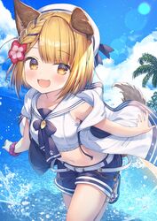  :d animal_ears blonde_hair blue_sky blush cloud commentary_request dog_ears erune female granblue_fantasy highres looking_at_viewer navel oerba_yun_fang official_alternate_costume open_mouth outdoors palm_tree purple_scrunchie scrunchie short_hair skin_fang sky smile solo topia tree vajra_(granblue_fantasy) vajra_(summer)_(granblue_fantasy) wrist_scrunchie 