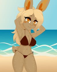  absurd_res anthro arms_above_head beach bikini blonde_hair blush breasts clothing eyeshadow female hair heart_ears heart_eyes heart_symbol hi_res lagomorph leporid looking_at_viewer makeup mammal orange_eyes orange_nose ponytail rabbit seaside smile smiling_at_viewer solo swimwear tiddysoft tying_hair 