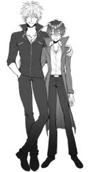  2boys artist_request bad_id bad_link bad_twitter_id black_jacket closed_eyes cross cross_necklace darren_shan greyscale jacket jewelry long_coat male_focus monochrome multiple_boys necklace short_hair shorts smile source_request steve_leonard the_saga_of_darren_shan 