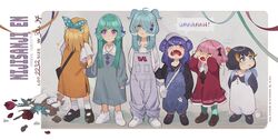  6+girls aged_down black_hair blue_eyes blue_hair bow broken_vase closed_eyes crying elira_pendora finana_ryugu fins fish_girl full_body gradient_hair green_hair hair_ornament hair_over_one_eye hair_ribbon hairbow hairclip head_fins heterochromia highres kamameshi_gougoumaru lazulight lolicon long_hair multicolored_hair multiple_girls nijisanji nijisanji_en obsydia_(nijisanji) open_mouth petra_gurin pink_hair pomu_rainpuff purple_eyes purple_hair ribbon rosemi_lovelock selen_tatsuki short_hair virtual_youtuber wavy_mouth 