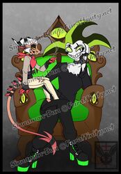  2022 absurd_res black_bottomwear black_clothing black_pants bottomwear chair cigarette clothing demon digital_drawing_(artwork) digital_media_(artwork) distracting_watermark duo footwear furniture green_eyes hair helluva_boss hi_res horn humanoid imp larger_male male mammon_(helluva_boss) pants reptile scalie shoes sinnamon-bun sitting size_difference smaller_male snake striker_(helluva_boss) teeth torn_clothing watermark white_bottomwear white_clothing white_hair white_pants yellow_eyes 