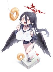  absurdres black_hair black_jacket black_shorts black_wings blue_archive bouncing_breasts brand_name_imitation breasts choker collarbone commentary doughnut drooling feathered_wings female food from_above gym_uniform hair_between_eyes halo hands_up hasumi_(blue_archive) hasumi_(track)_(blue_archive) heart highres jacket krispy_kreme kunikune long_hair looking_at_food looking_up low_wings official_alternate_costume ponytail red_eyes shoes short_shorts shorts simple_background sneakers solo sparkling_eyes standing standing_on_box standing_on_one_leg sweat thighs unaligned_breasts v-shaped_eyebrows very_long_hair white_background wings 