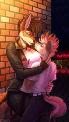  2020 9:16 anthro blue_eyes breasts canid canine canis claws clothed clothing colored detailed detailed_background detailed_fur digital_drawing_(artwork) digital_media_(artwork) digital_painting_(artwork) domestic_dog draynd duo english_text female female/female fur glowing hair hi_res hyena mammal motel night rizonik shaded shirt short_hair size_difference text topwear watermark wolf yellow_eyes 