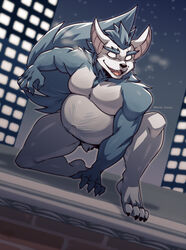  2022 4_toes 5_fingers anthro belly big_belly building canid canine claws crotch_tuft ears_up fangs feet fingers fur gluttony_(jimfoxx) hairy_belly hi_res kneeling male mammal mythological_canine mythological_creature mythology navel night nude on_one_knee open_mouth overweight overweight_anthro overweight_male pose raised_tail rook_kawa signature sky skyscraper slightly_chubby slightly_chubby_anthro slightly_chubby_male smile solo star starry_sky tail teeth toe_claws toes tongue tuft were werecanid werecanine werewolf 