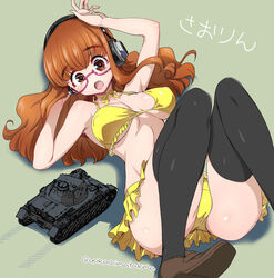  bikini black_thighhighs blunt_bangs blush breasts female frilled_bikini frills girls_und_panzer glasses headphones loafers long_hair military_vehicle motor_vehicle open_mouth orange_eyes orange_hair panzer_iii semi-rimless_eyewear shoes swimsuit takebe_saori tank thighhighs translated yellow_bikini yokoshima_takemaru 