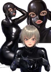  blush bodysuit brown_eyes brown_hair commentary_request female gimp_mask gimp_suit highres kilye_kairi latex latex_bodysuit looking_at_viewer mask multiple_views original parted_lips shiny_clothes short_hair skin_tight smile 