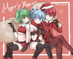  2boys akabane_karma ansatsu_kyoushitsu bare_shoulders belt black_legwear blue_eyes blue_hair blush breasts crossdressing dated female fur_collar fur_trim gloves green_hair hat jacket kayano_kaede long_hair midriff multiple_boys navel open_mouth otoko_no_ko red_hair sack santa_costume santa_hat shiota_nagisa short_hair short_twintails skirt small_breasts smile snowflakes tenten_(kitty) twintails yellow_eyes 