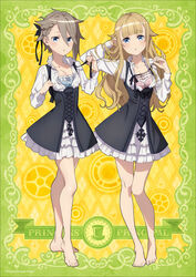  2girls absurdres ange_(princess_principal) artist_request asymmetrical_hair bare_legs barefoot black_dress black_ribbon blonde_hair blue_bra blue_eyes blunt_bangs bra braid breasts cleavage collarbone corset dress full_body grey_hair hair_flaps highres layered_dress long_hair long_sleeves looking_at_viewer loose_neck_ribbon multiple_girls neck_ribbon official_art open_clothes open_shirt photoshop_(medium) pink_bra princess_(princess_principal) princess_principal ribbon shirt short_hair underbust underwear undone_neck_ribbon white_shirt 