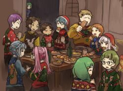  5girls 6+boys alternate_costume blonde_hair blue_hair braid brother_and_sister brown_hair byleth_(fire_emblem) byleth_(male)_(fire_emblem) claude_von_riegan closed_eyes closed_mouth commentary_request crown_braid cup cyril_(fire_emblem) dark-skinned_male dark_skin eating fire_emblem fire_emblem:_three_houses flayn_(fire_emblem) food from_behind from_side glass glasses green_hair hair_ornament hat hilda_valentine_goneril holding holding_cup ignatz_victor leonie_pinelli long_hair long_sleeves lorenz_hellman_gloucester lysithea_von_ordelia marianne_von_edmund mug multiple_boys multiple_girls open_mouth orange_hair peeking_out pink_hair pirihiba pom_pom_(clothes) purple_hair raphael_kirsten red_headwear santa_hat seteth_(fire_emblem) short_hair siblings sweater table twintails white_hair 